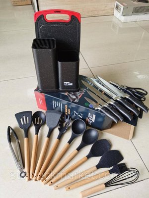 Набір ножів + кухонне начиння із силікону (19 предметів) на підставці Zepline ZP -067 KP0001 фото
