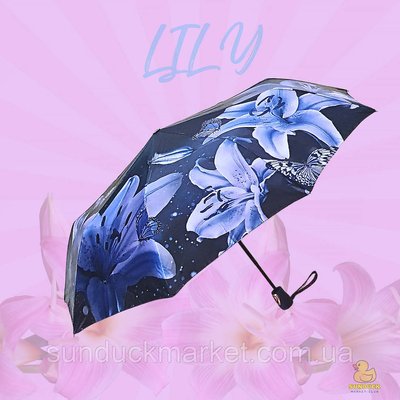 Жіноча парасолька напівавтомат синій з атласними квітами Frei Regen 3017 PR0001 фото